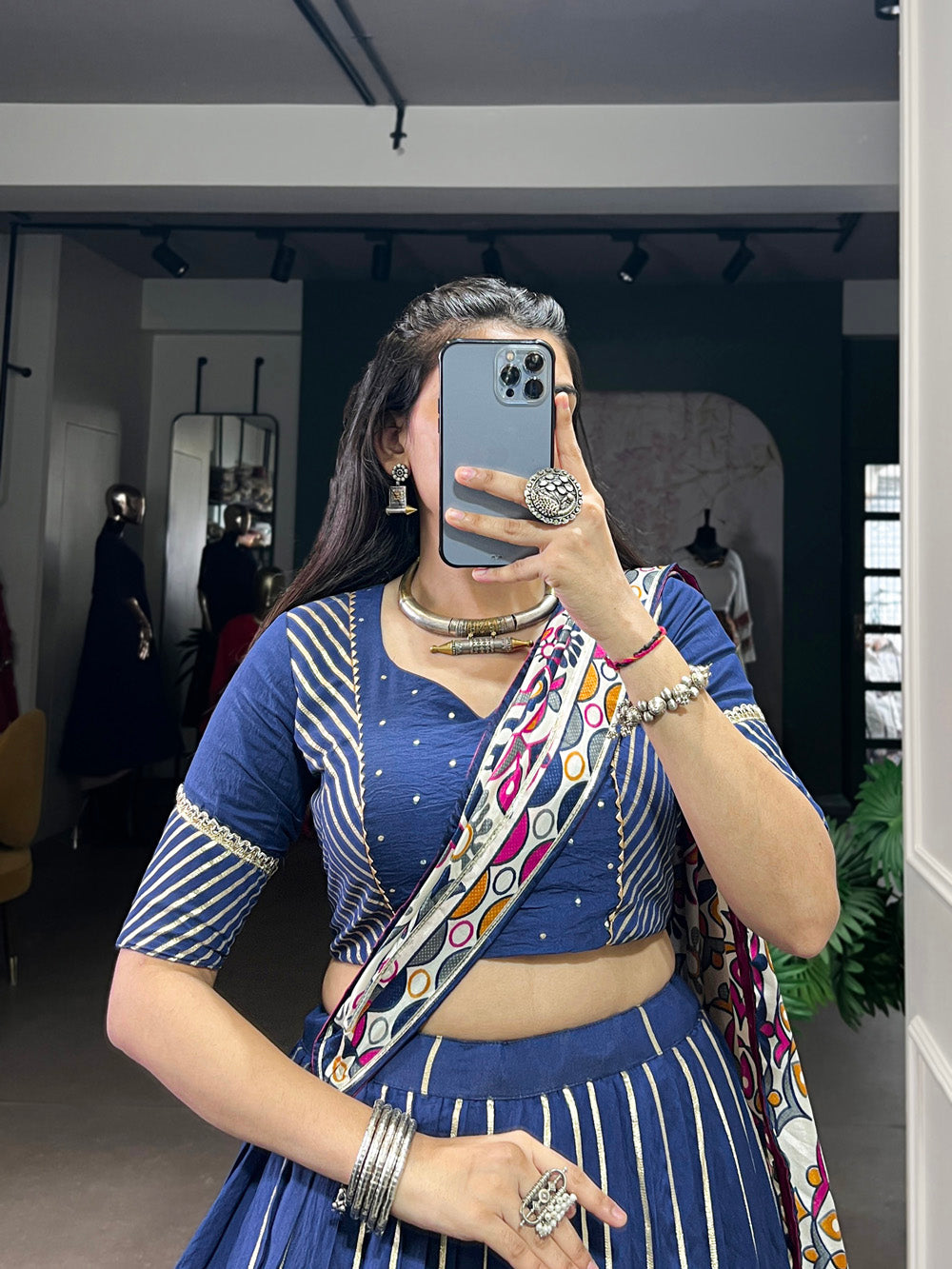 Navy blue Chanderi zari weaving and embossed lace lehenga choli