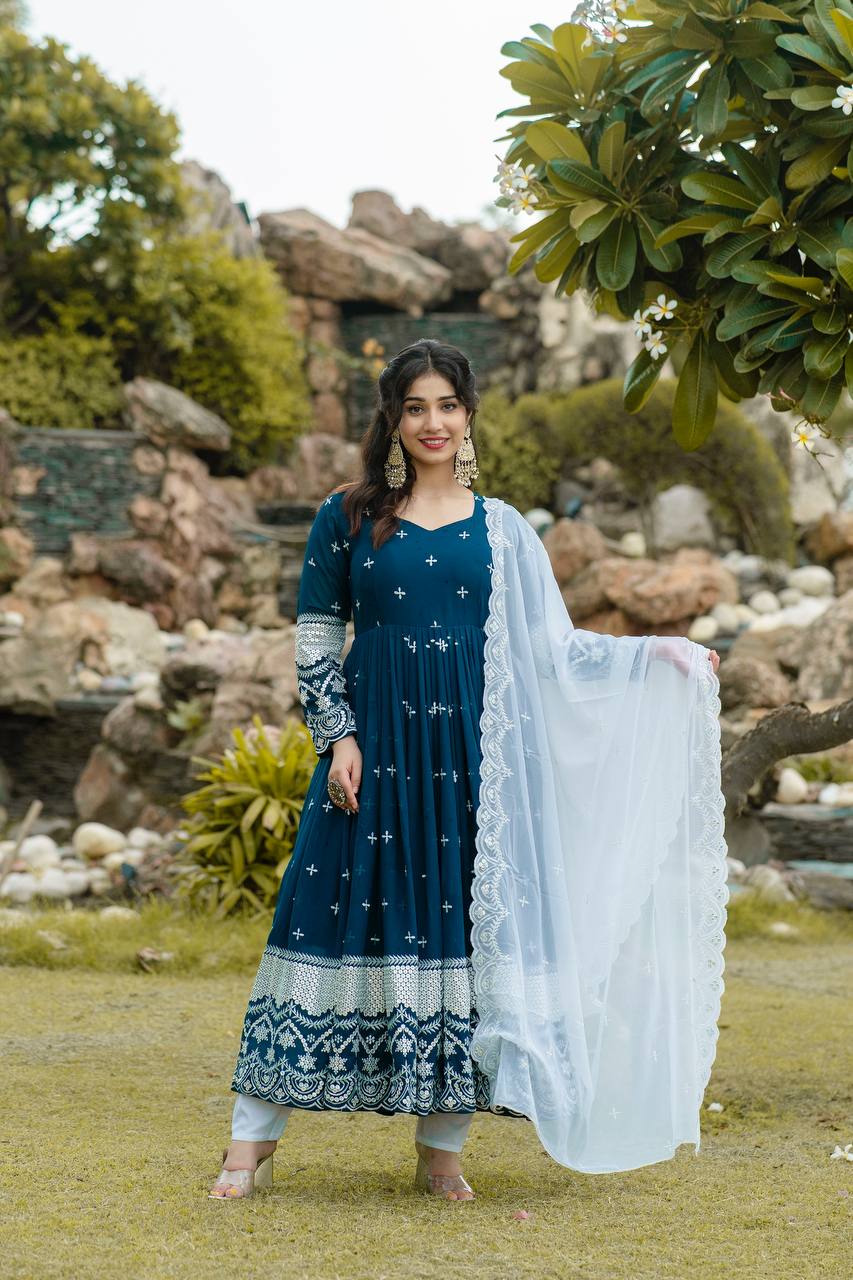 Blue georgette embroidered Nivriti designer Anarkali suit