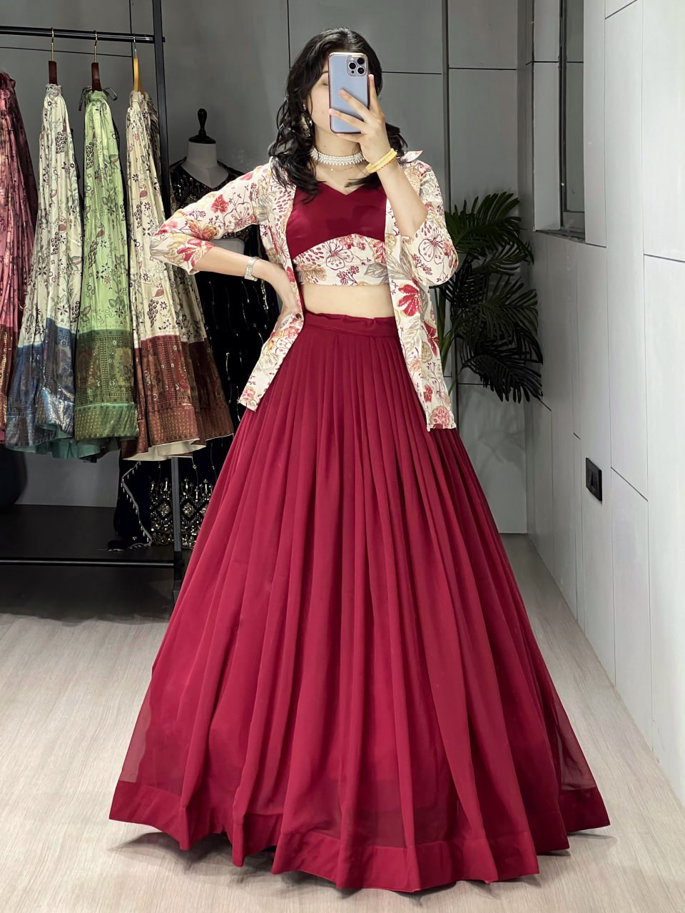 Alka maroon georgette foil printed lehenga choli with koti jacket