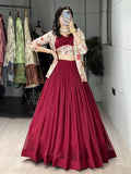 Alka maroon georgette foil printed lehenga choli with koti jacket