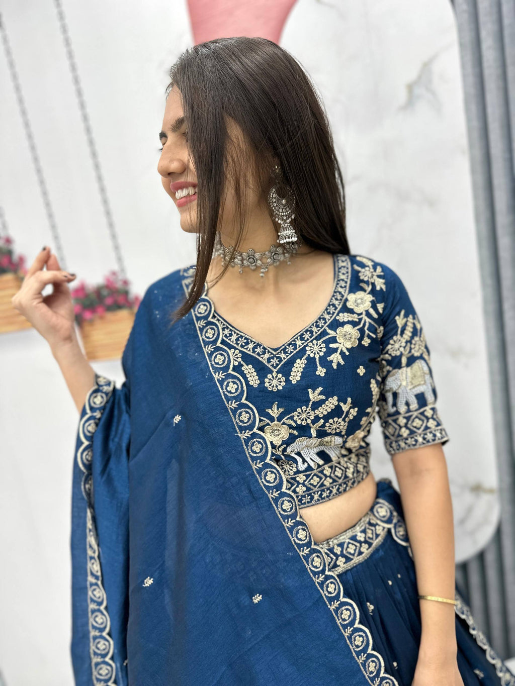 Gopi teal blue Vichitra silk lehenga choli with embroidery sequins thread work