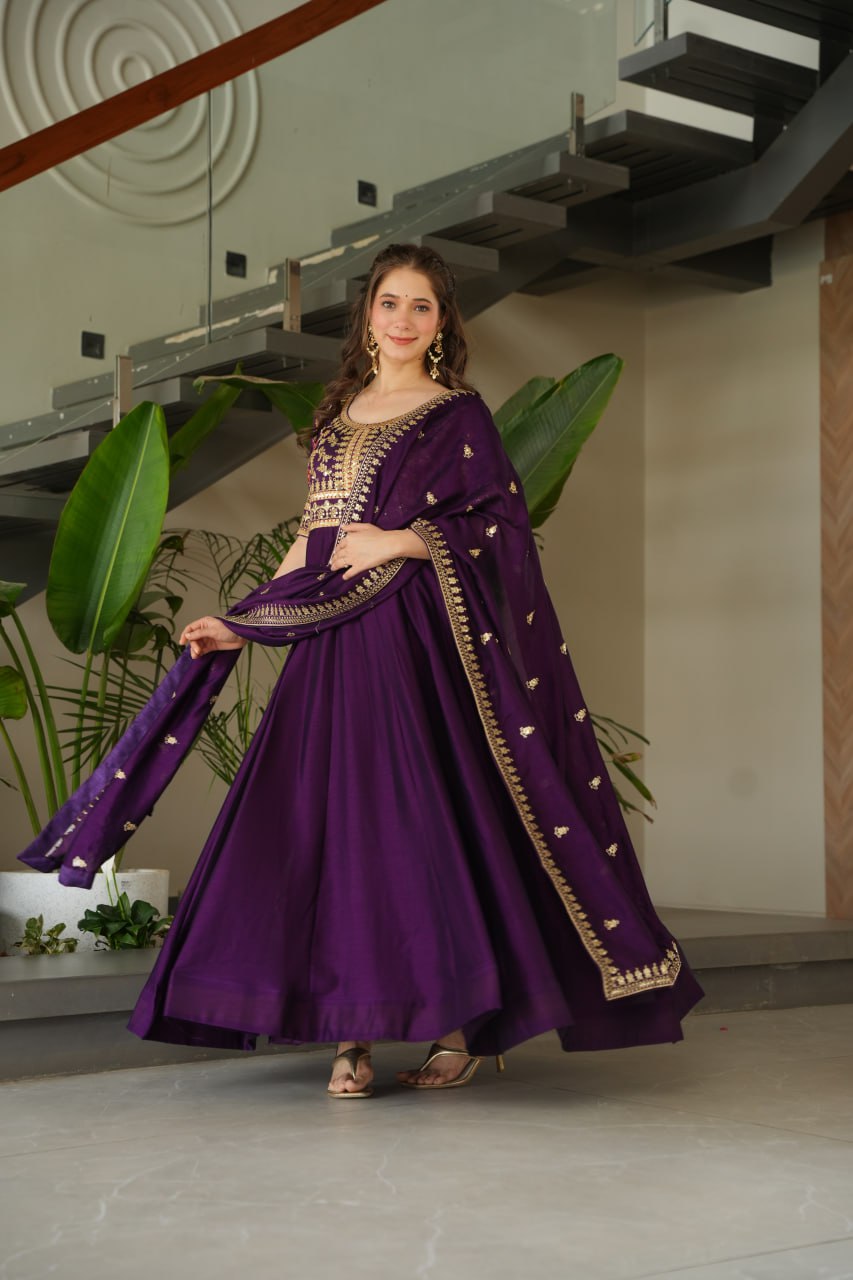 Aadishri purple silk sequins embroidered gown