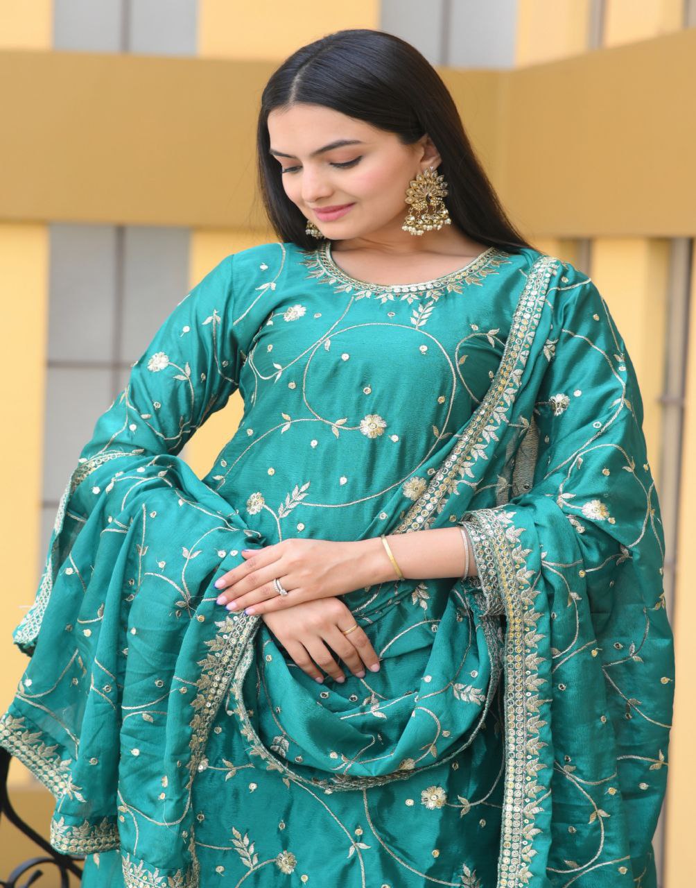 Teal chinon embroidered Keisha designer sharara suit