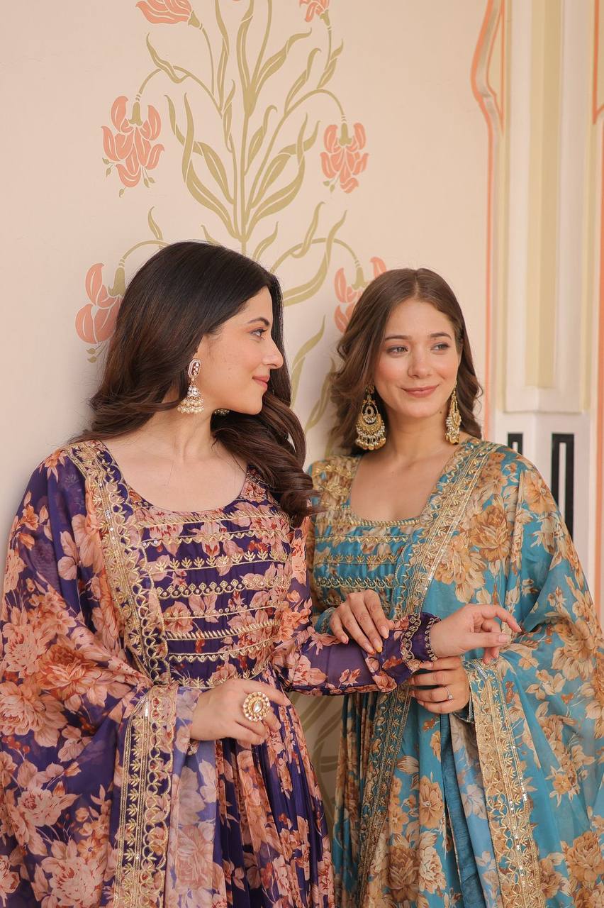 Purple Russian silk printed gown with embroidered sequins work and dupatta