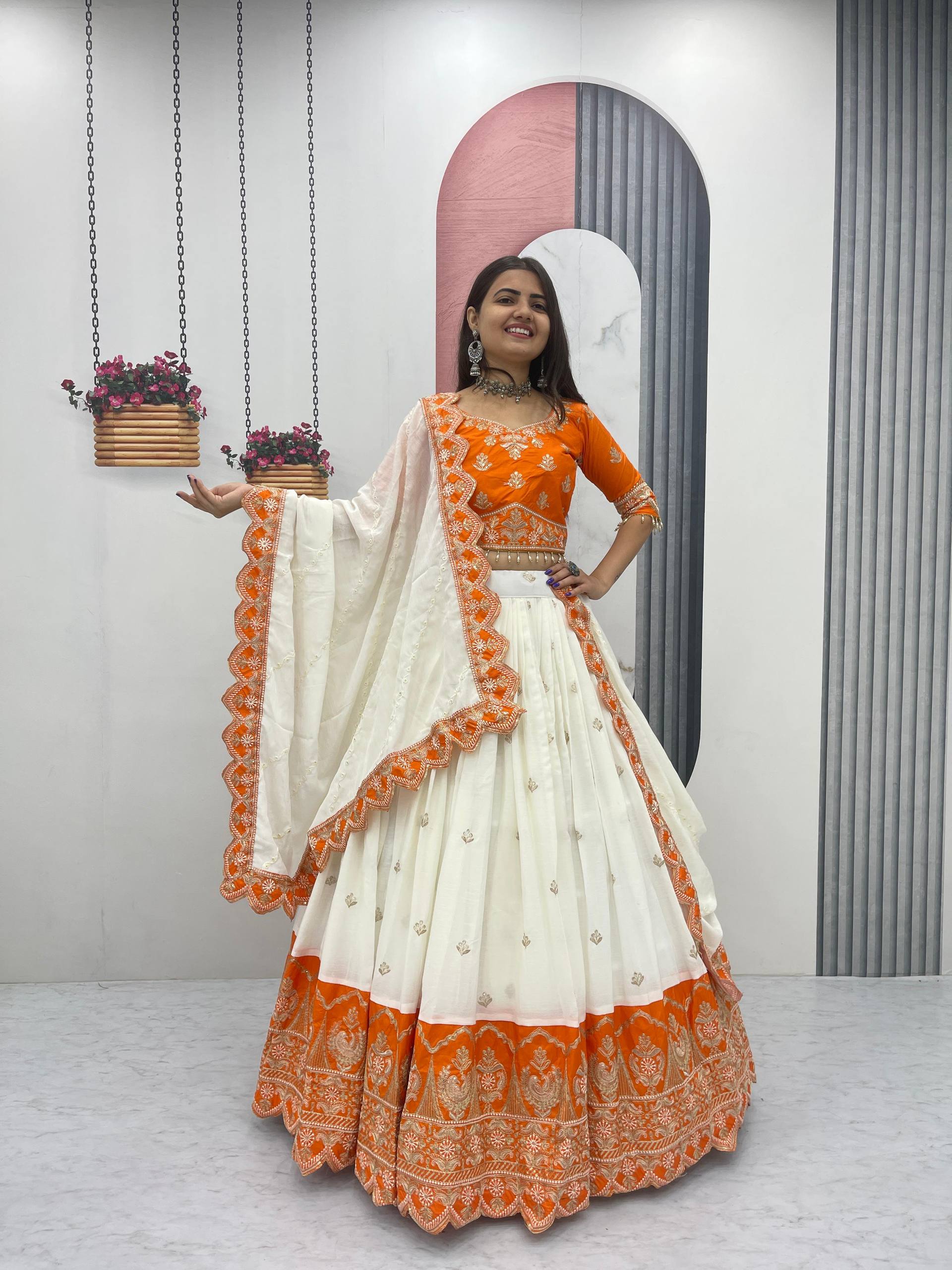 Orange chinon heavy embroidery lehenga choli with dupatta