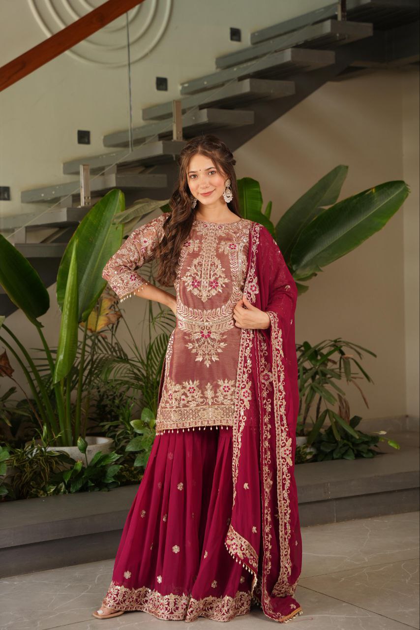 Maroon crazy silk embroidered kurti palazzo set with dupatta