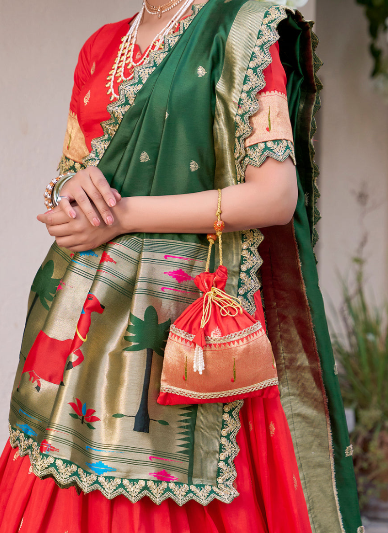 Red jacquard silk Paithani lehenga choli with dupatta and batwa