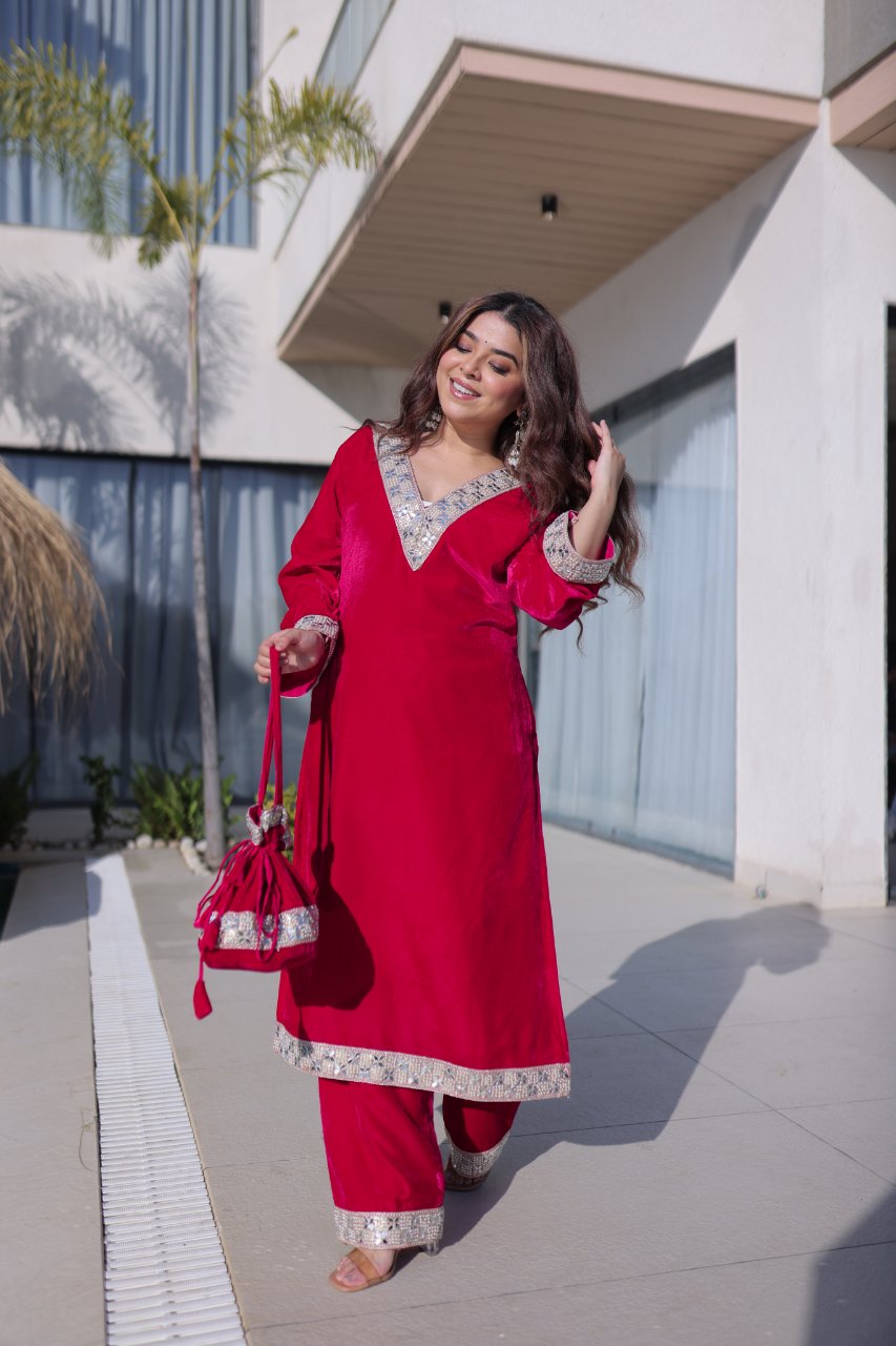 Elvya rani pink velvet kurti set with zari embroidered mirror work