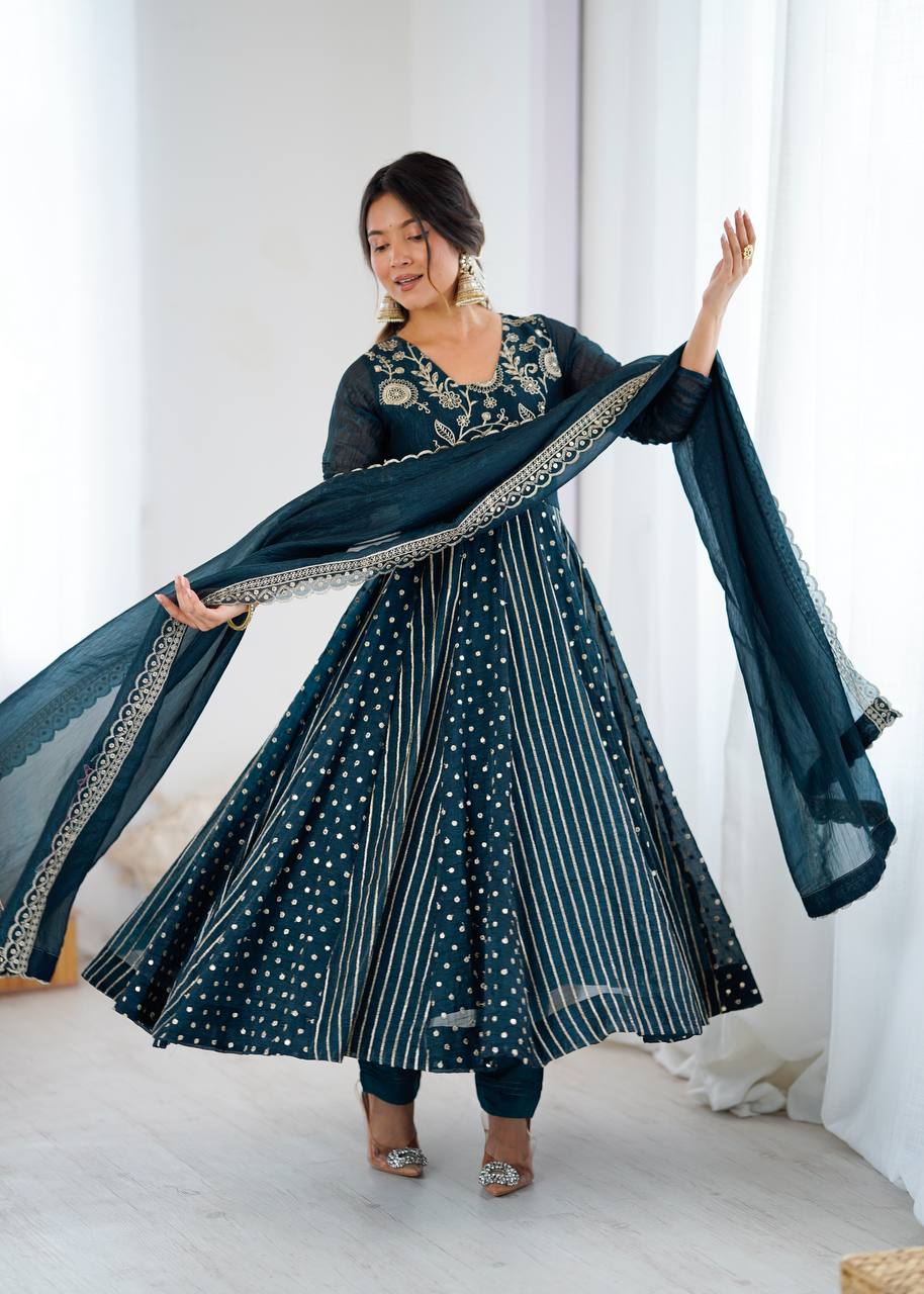 Teal green crunchy silk embroidered Anarkali suit set