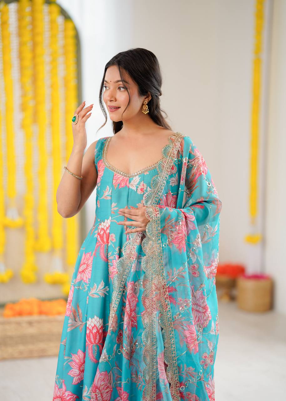Multicolor chinon embellished kali lace work lehenga choli with dupatta