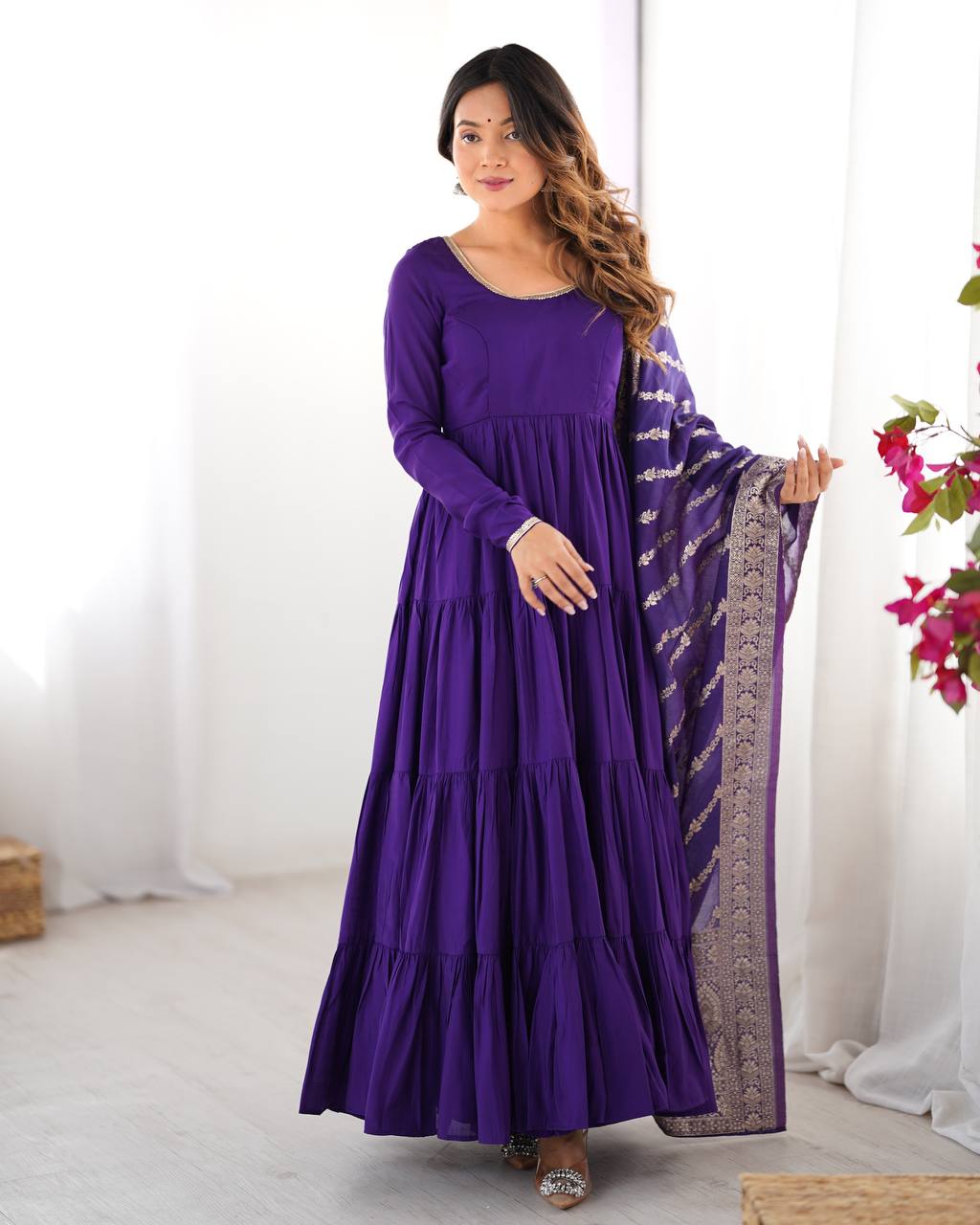 Purple Roman silk Ashika flared designer Anarkali suit