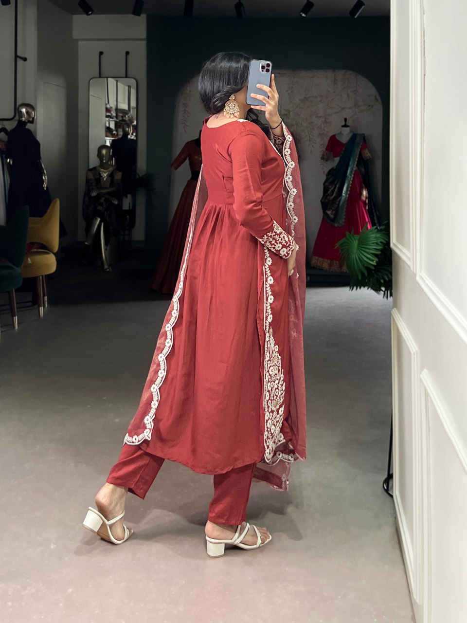 Rust orange Maska cotton embroidered kurta set with dupatta