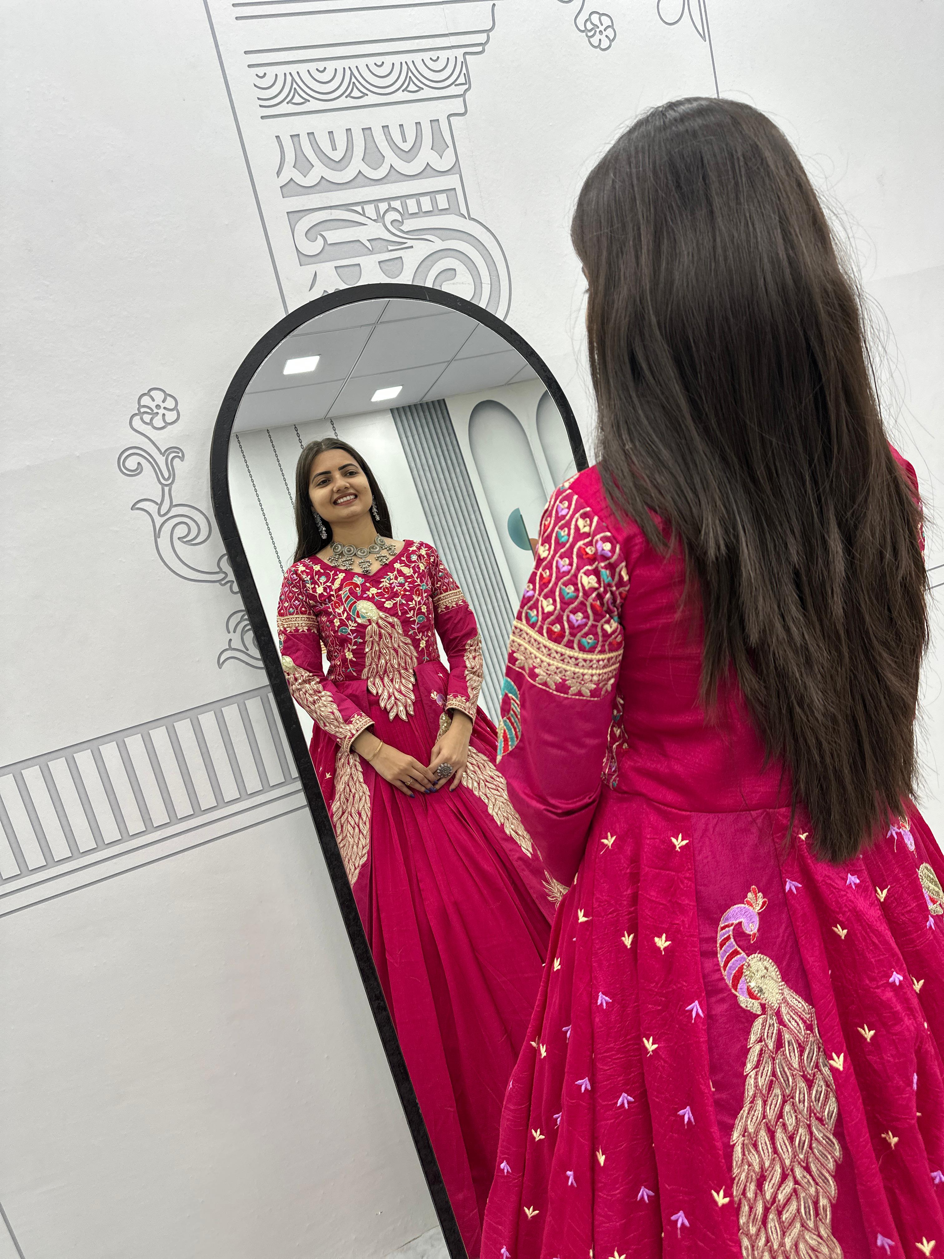Mani pink vichitra silk crop top peacock design lehenga with embroidered shrug
