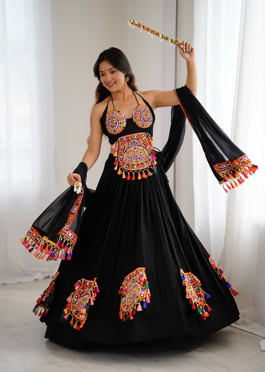 Black georgette lehenga choli with Gamthi embroidery and mirror work