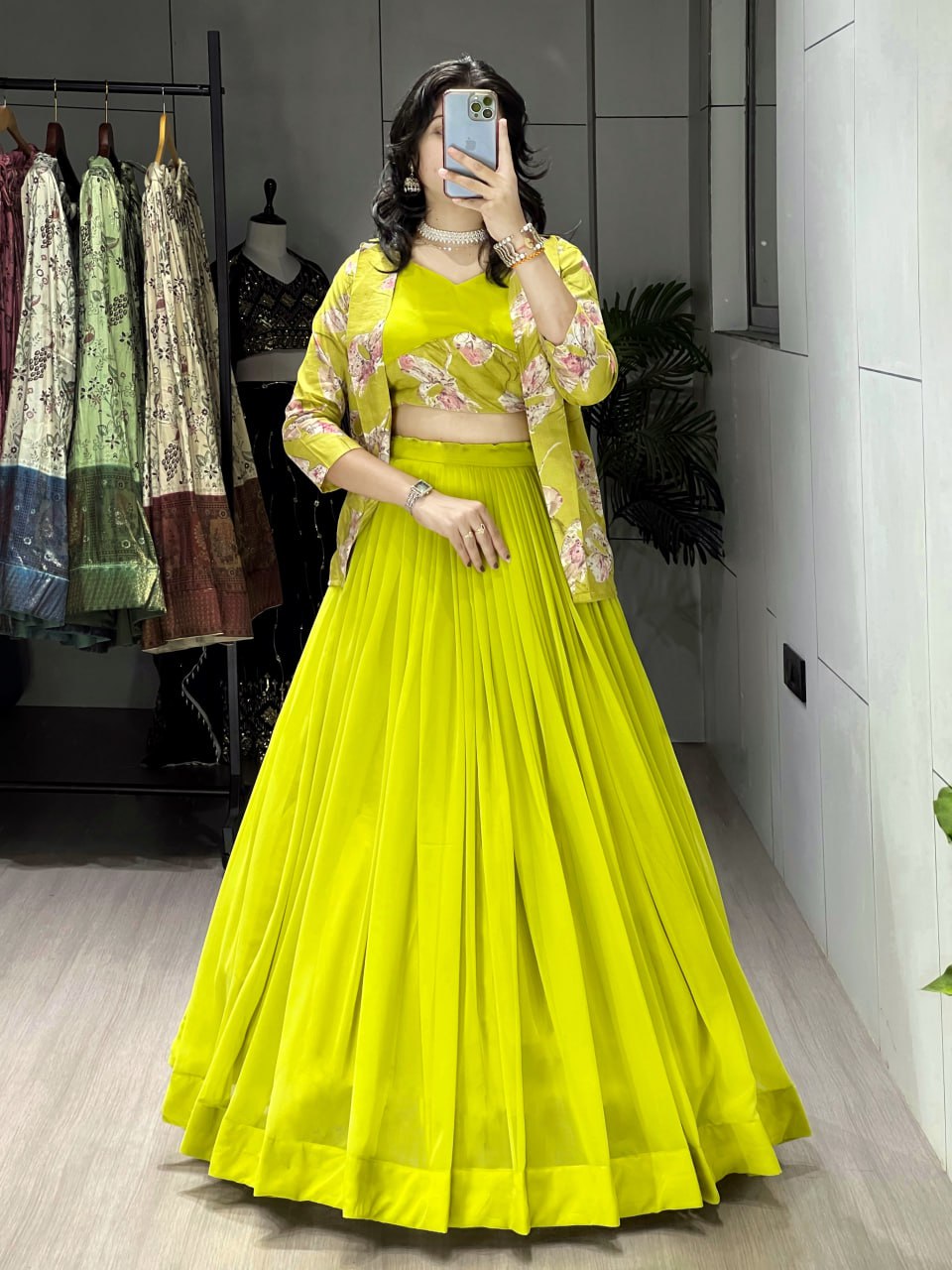Alka neon yellow georgette foil printed lehenga choli with koti jacket