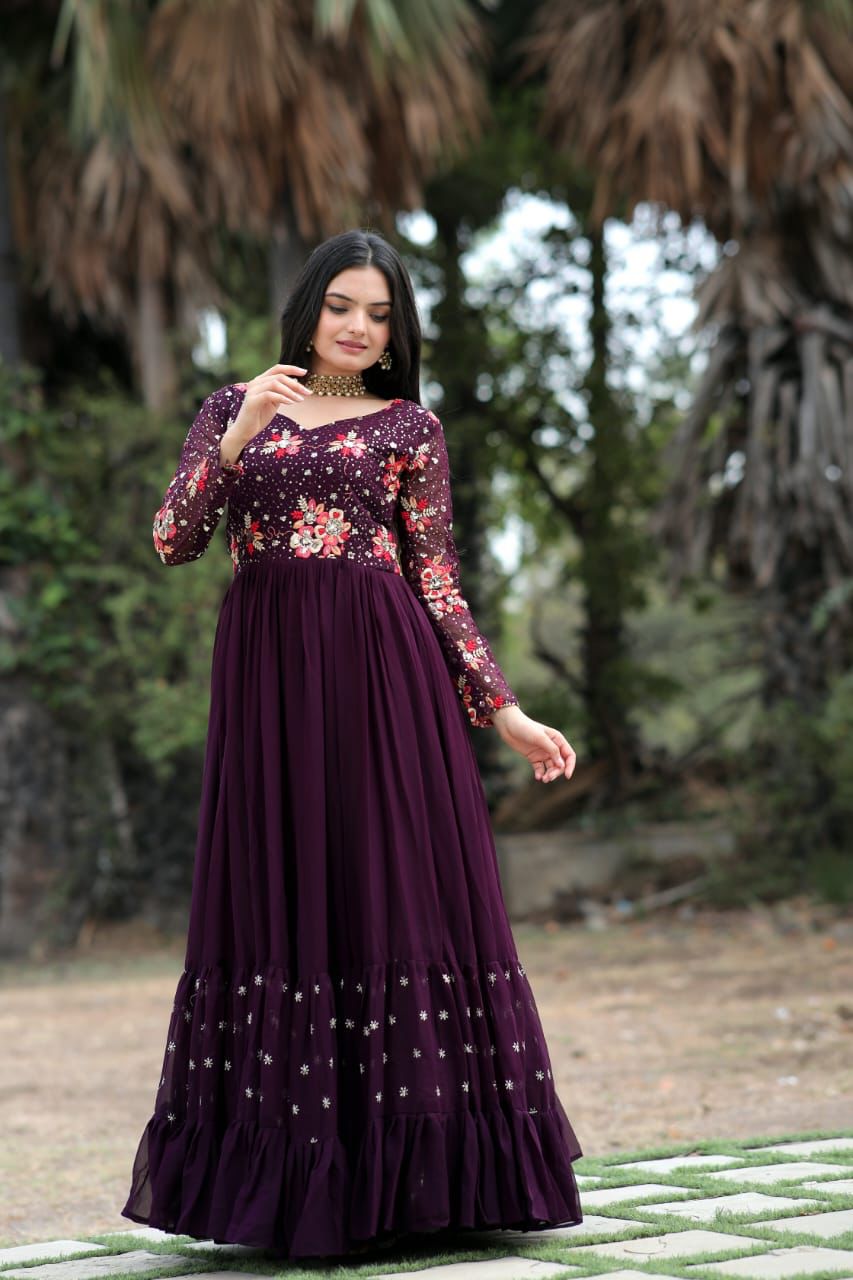 Radiant charisma embroidered sequin adorned double frill gown