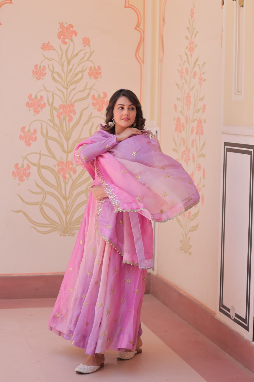 Pink organza flair gown with sequins zari embroidery and dupatta