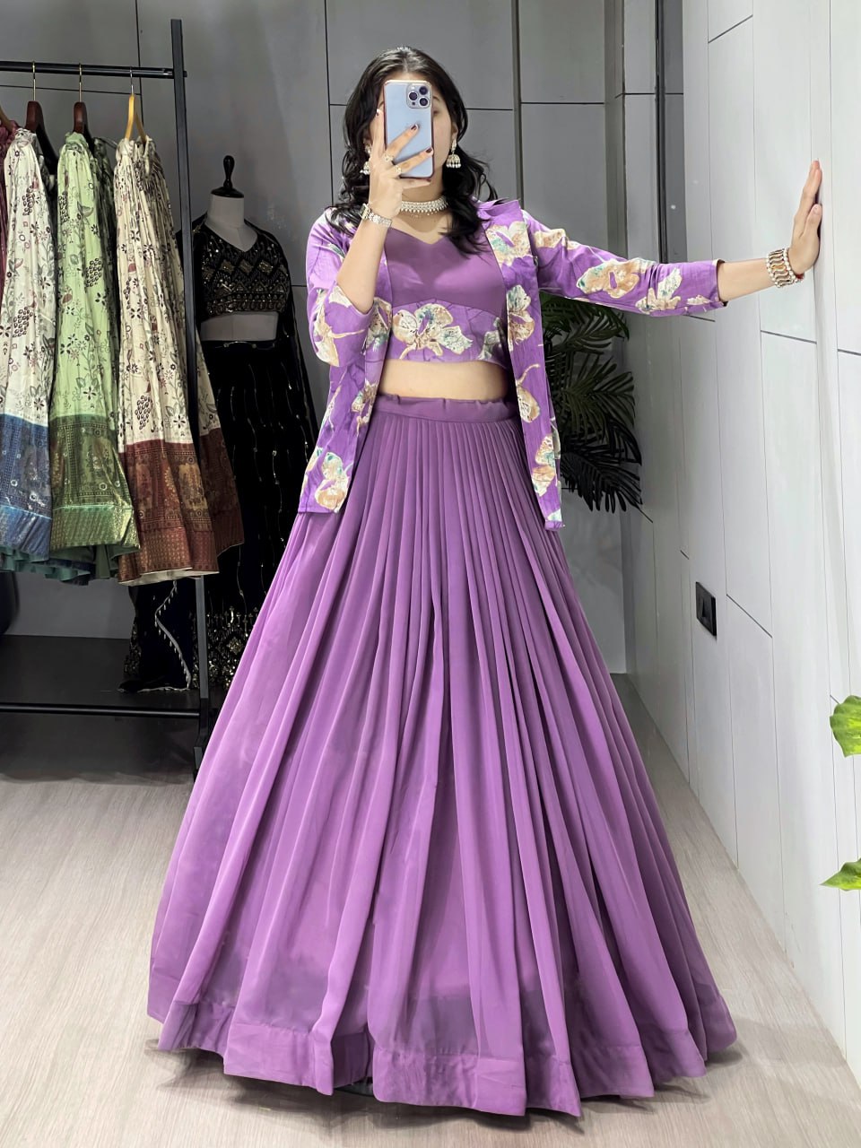Alka lavender georgette foil printed lehenga choli with koti jacket