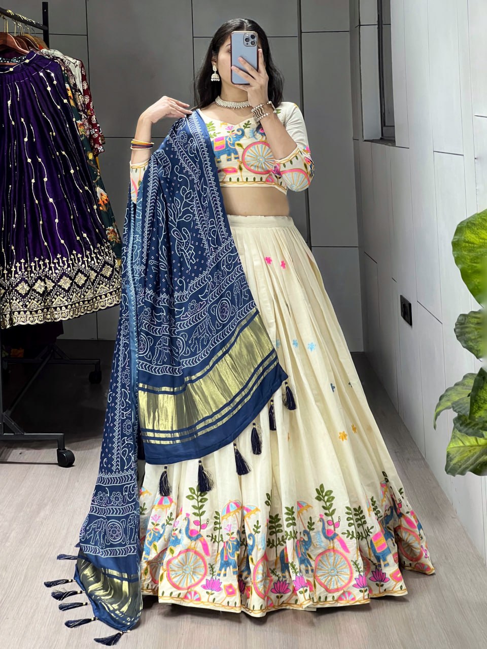 Off-white cotton embroidered lehenga with navy blue Gaji silk dupatta
