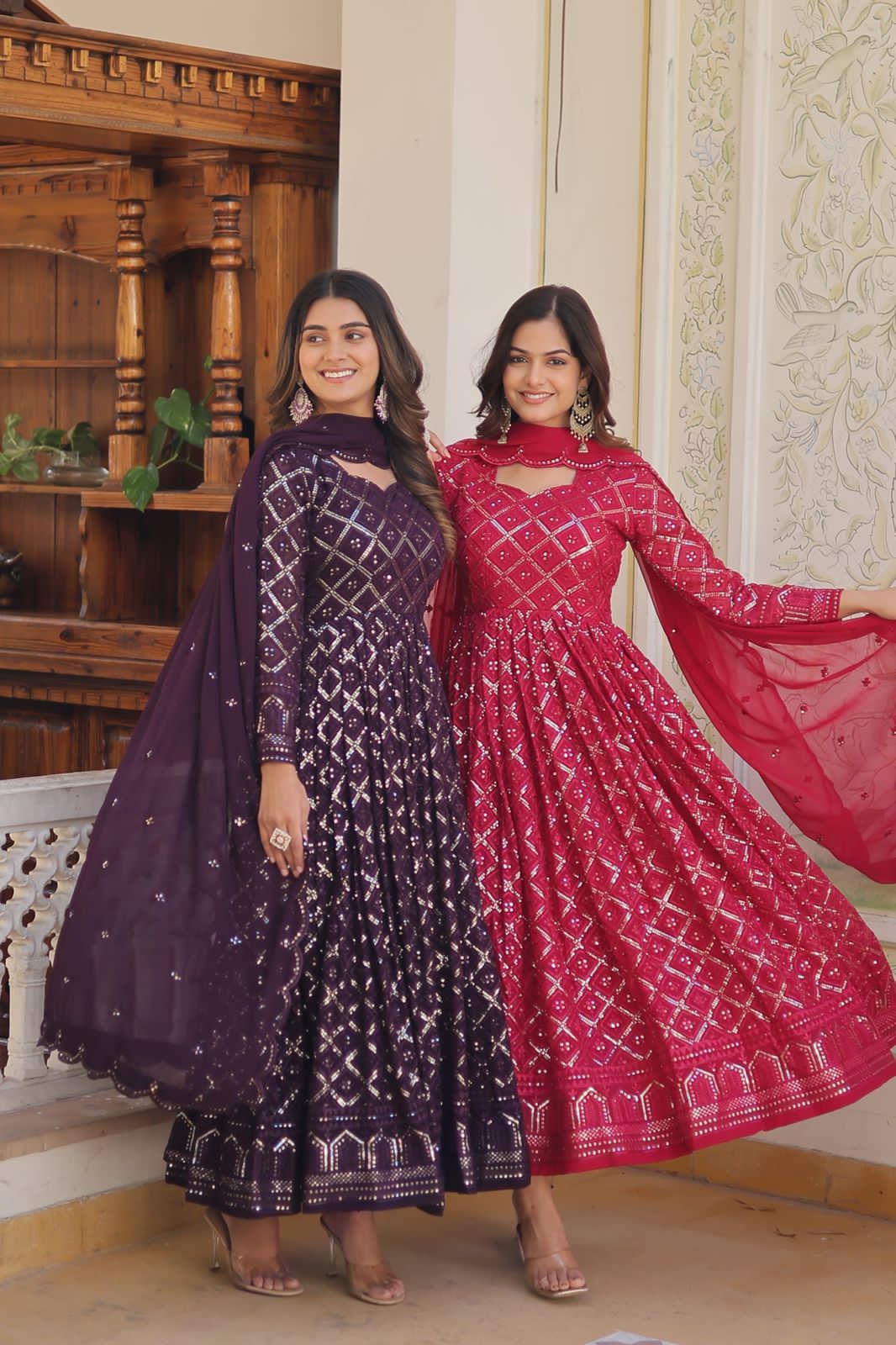 Royal purple blossom floral gown with dupatta
