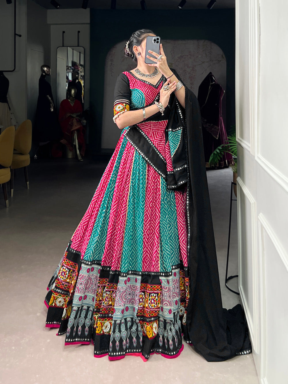 Black pink pure rayon Bandhej Ajrakh Gamthi mirror work lehenga choli