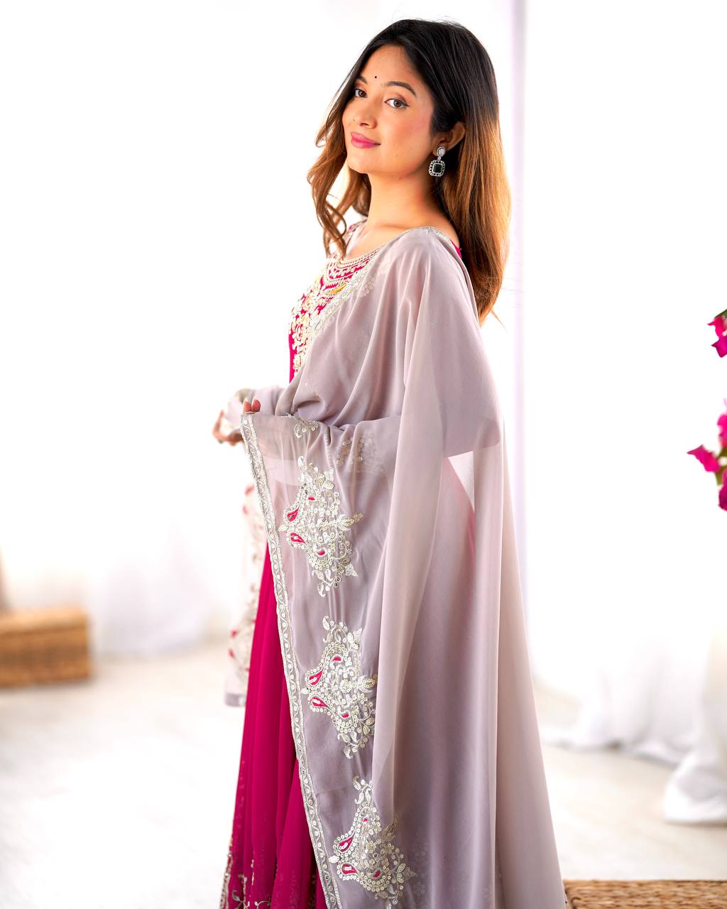 Pink georgette embroidered Tejvini designer gown