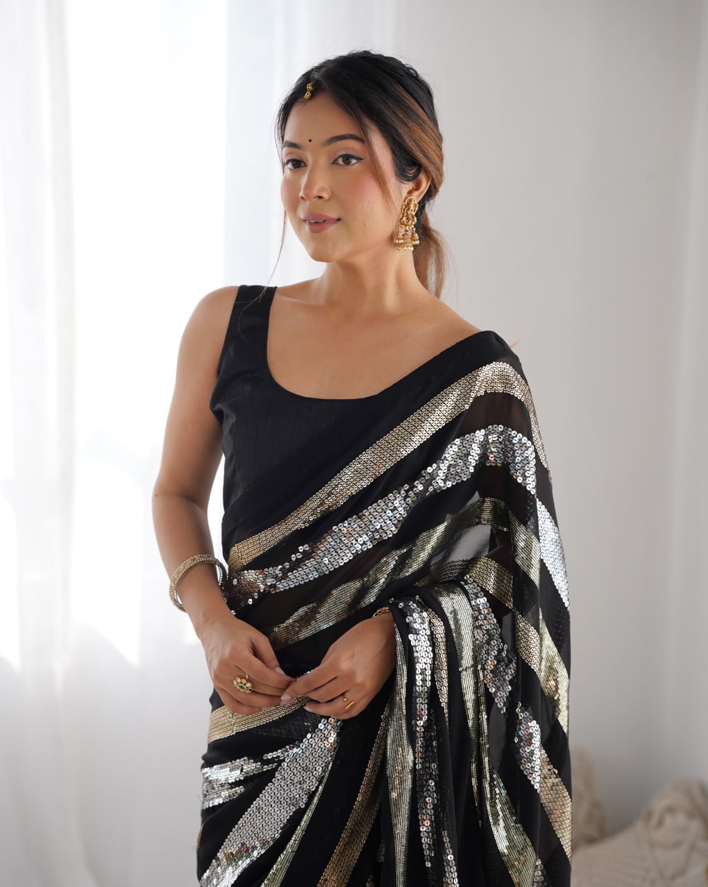 Black georgette sequin embroidered Kira designer saree