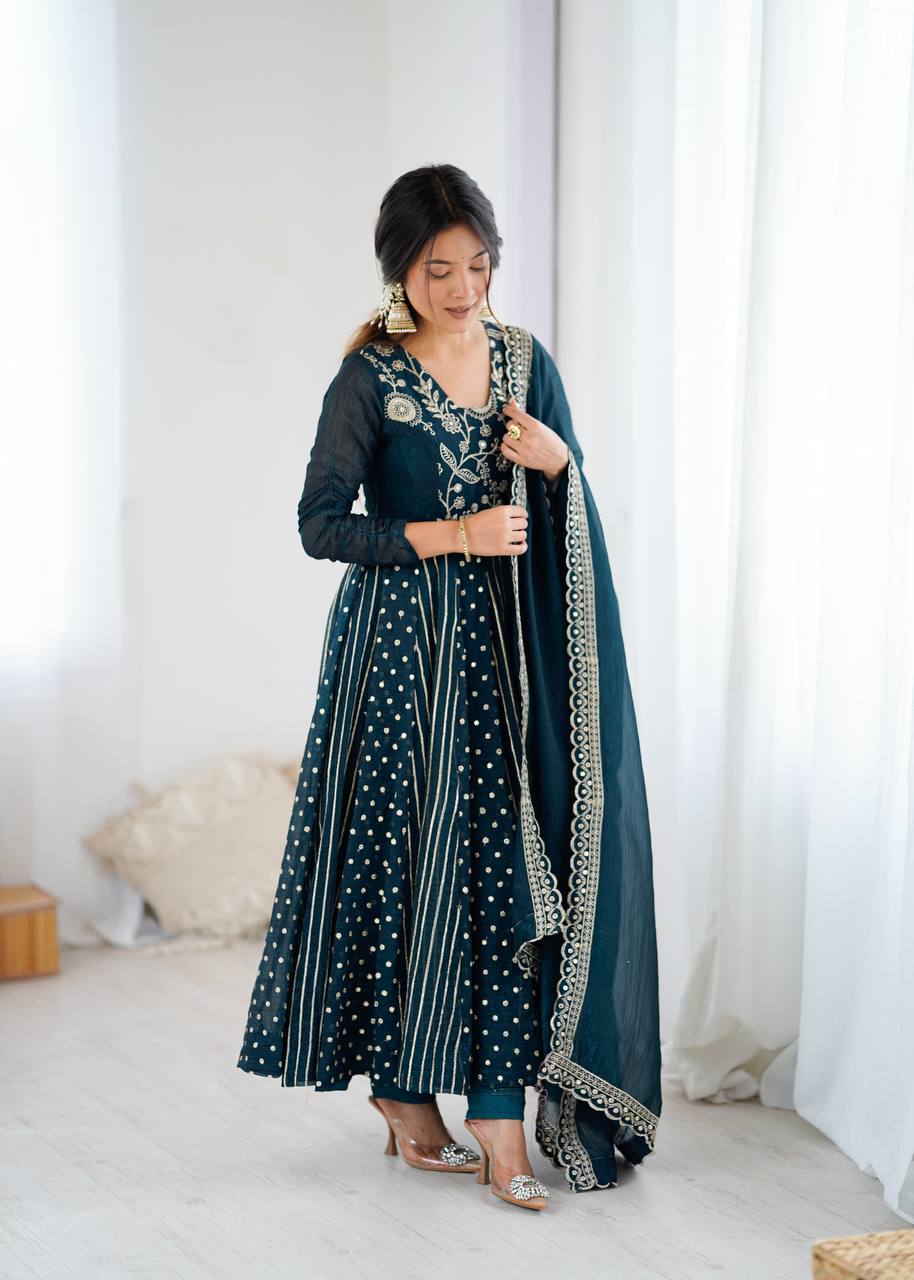 Teal green crunchy silk embroidered Anarkali suit set