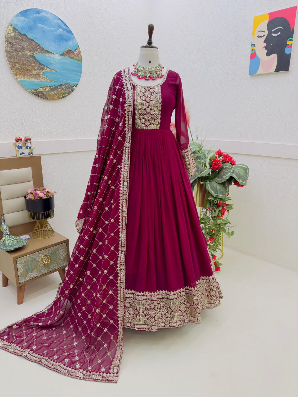 Brindha maroon georgette anarkali gown set
