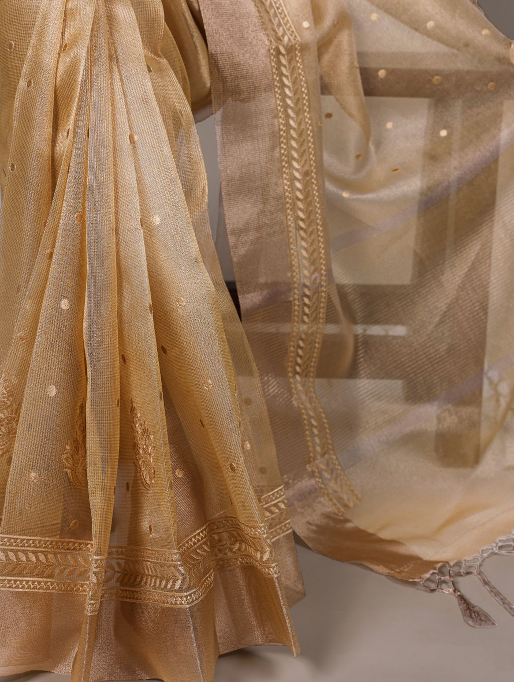 Yellow poly shimmer thread embroidered saree with unstitched blouse