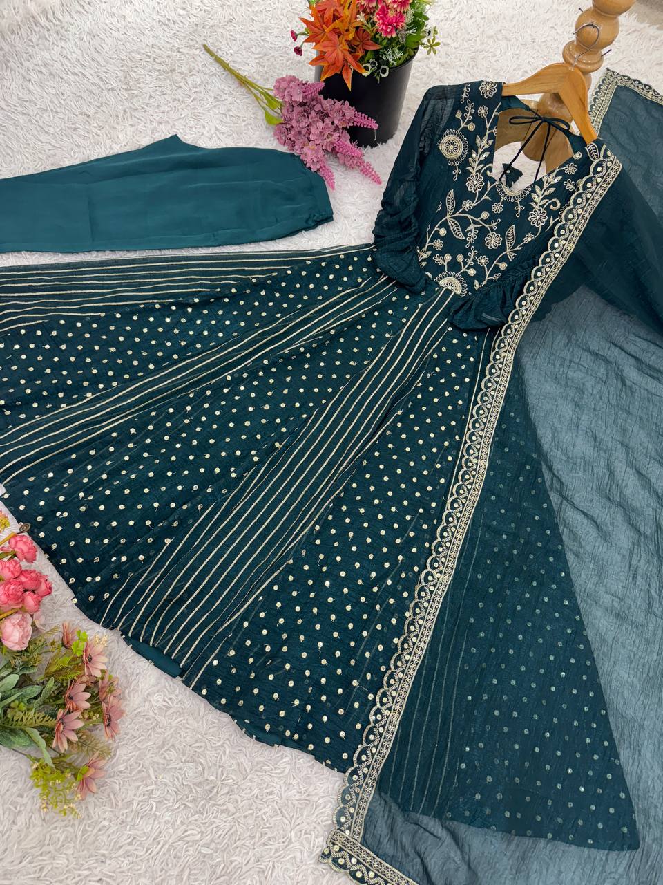 Teal green crunchy silk embroidered Anarkali suit set
