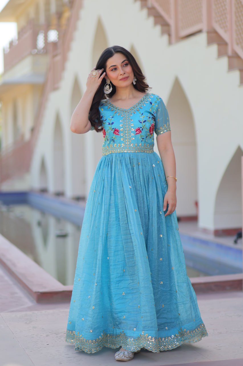 Sky blue gold crush zari sequins work embroidered gown