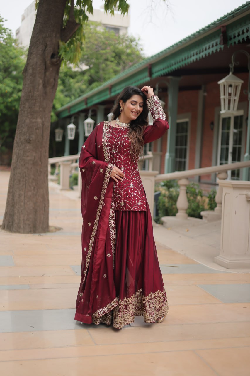 Maroon Rangoli silk embroidered Hitanshi designer kurti palazzo suit