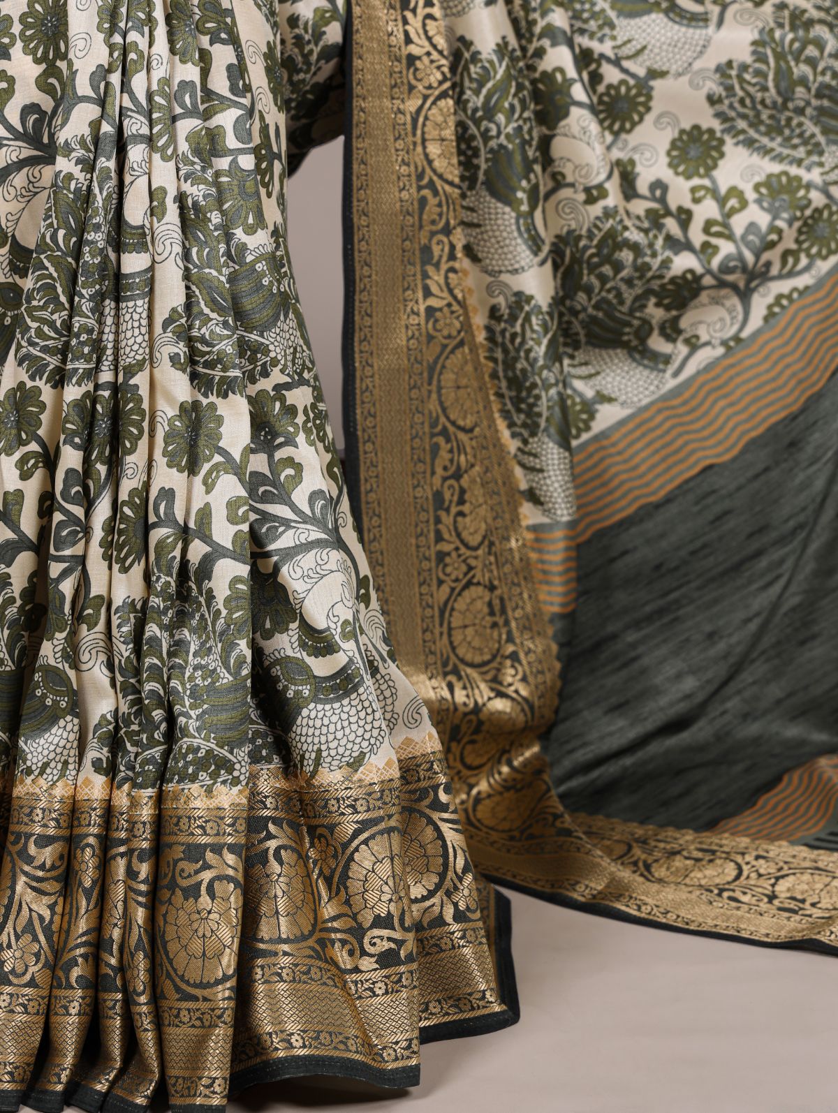 Green tasar silk printed saree with viscose border and blouse