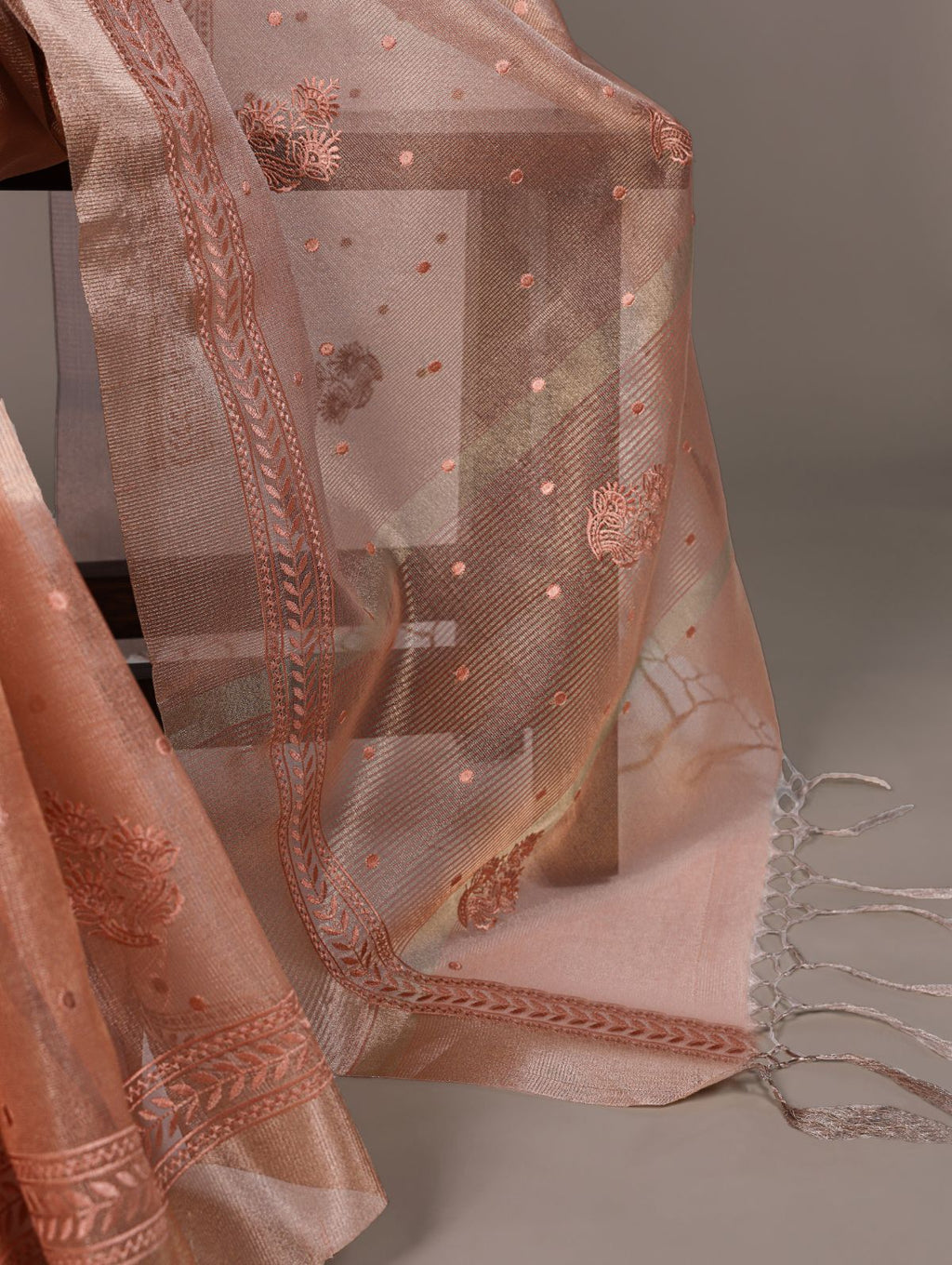 Orange poly shimmer thread embroidered saree with unstitched blouse