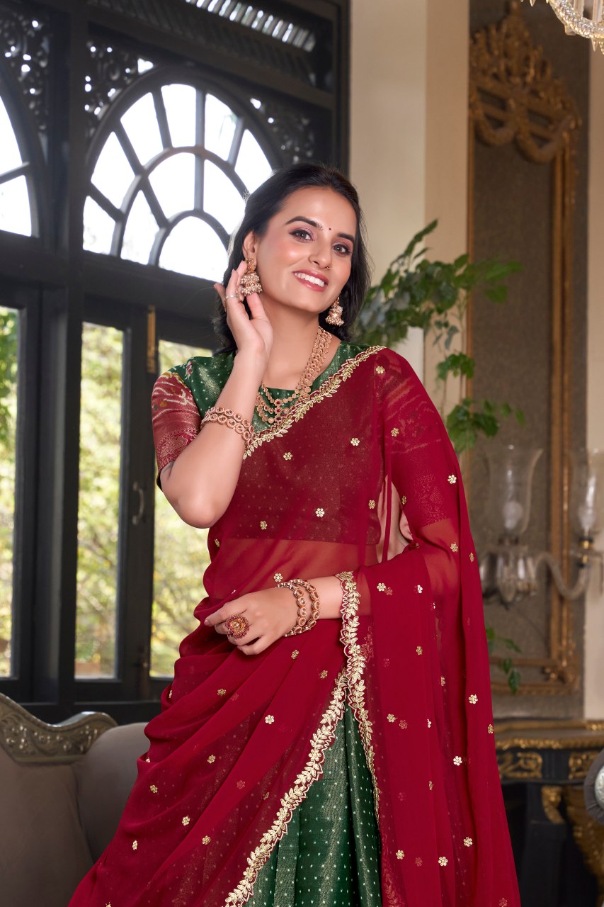 Green Kanchipuram silk lehenga choli with embroidered dupatta for wedding