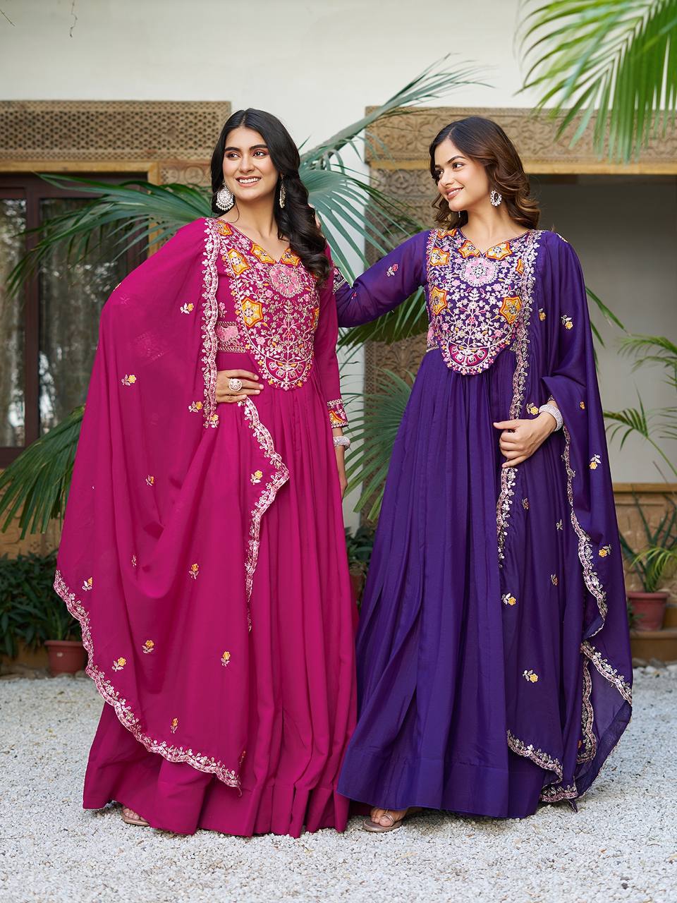 Pink heavy sequins thread embroidered georgette gown for wedding functions