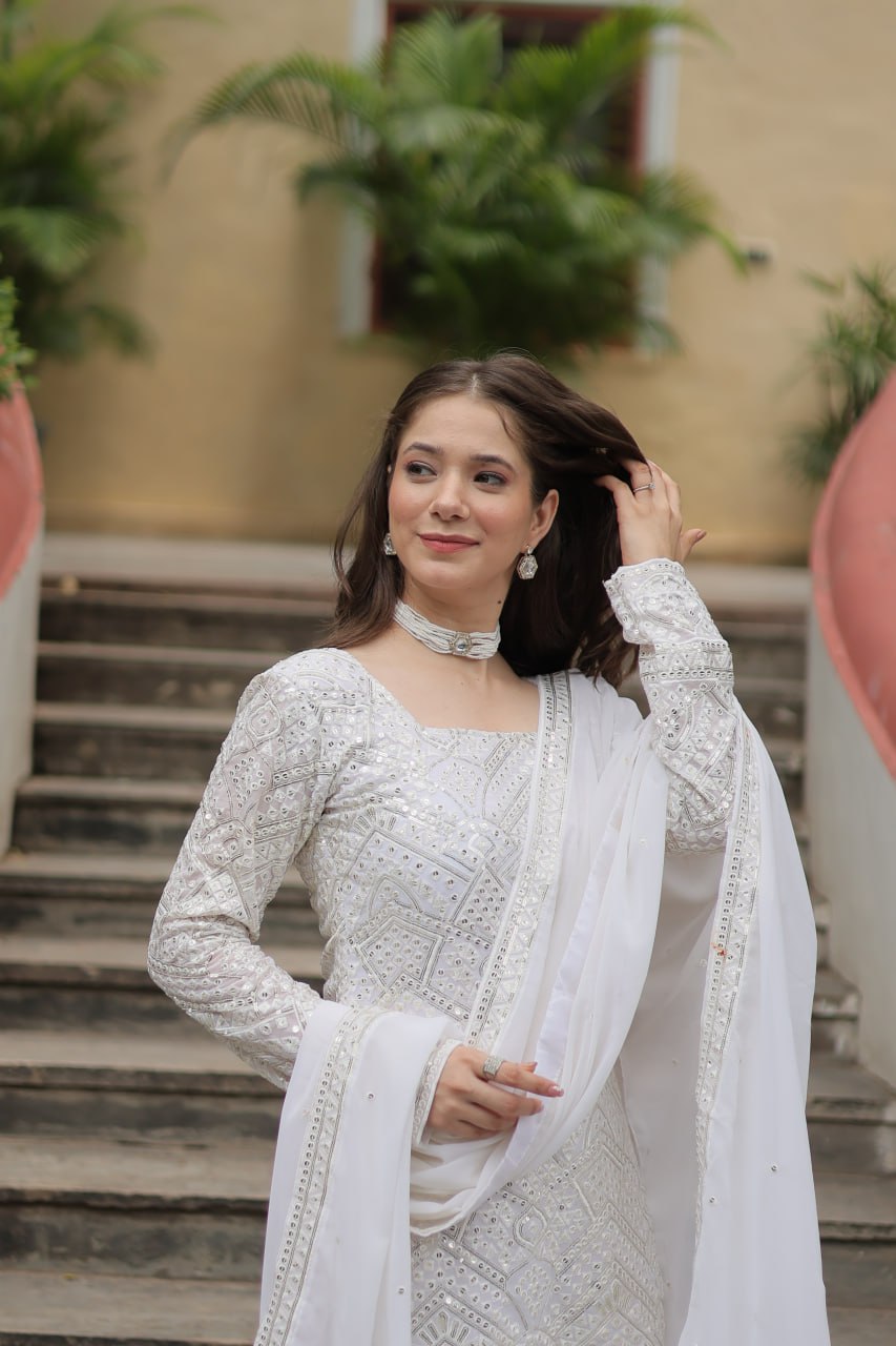 White georgette embroidered Lavya designer sharara suit