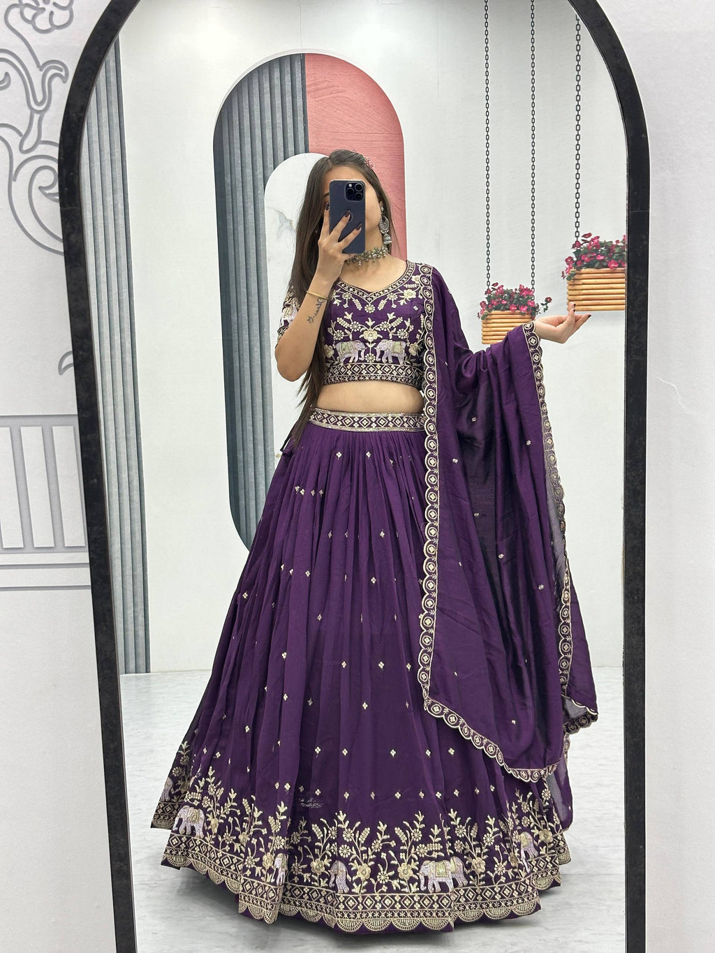 Gopi deep purple Vichitra silk lehenga choli with embroidery sequins thread work
