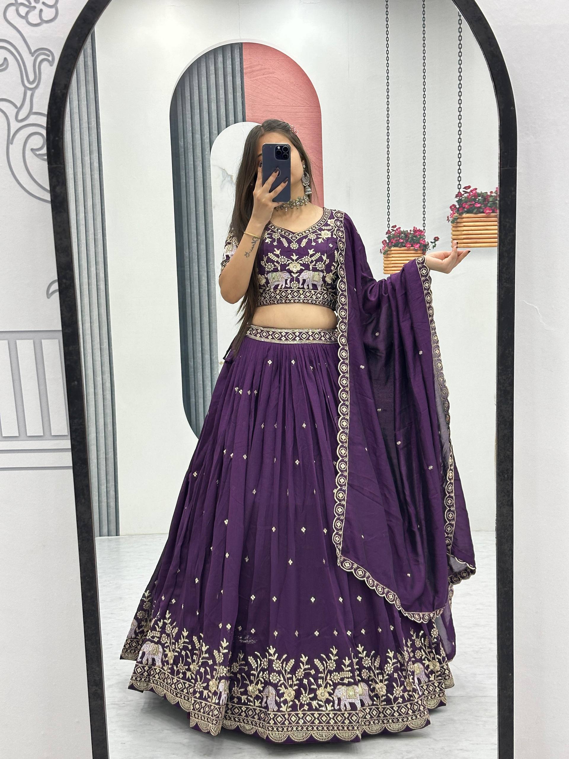 Gopi deep purple Vichitra silk lehenga choli with embroidery sequins thread work