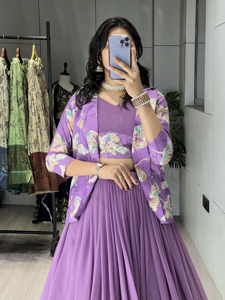 Alka lavender georgette foil printed lehenga choli with koti jacket