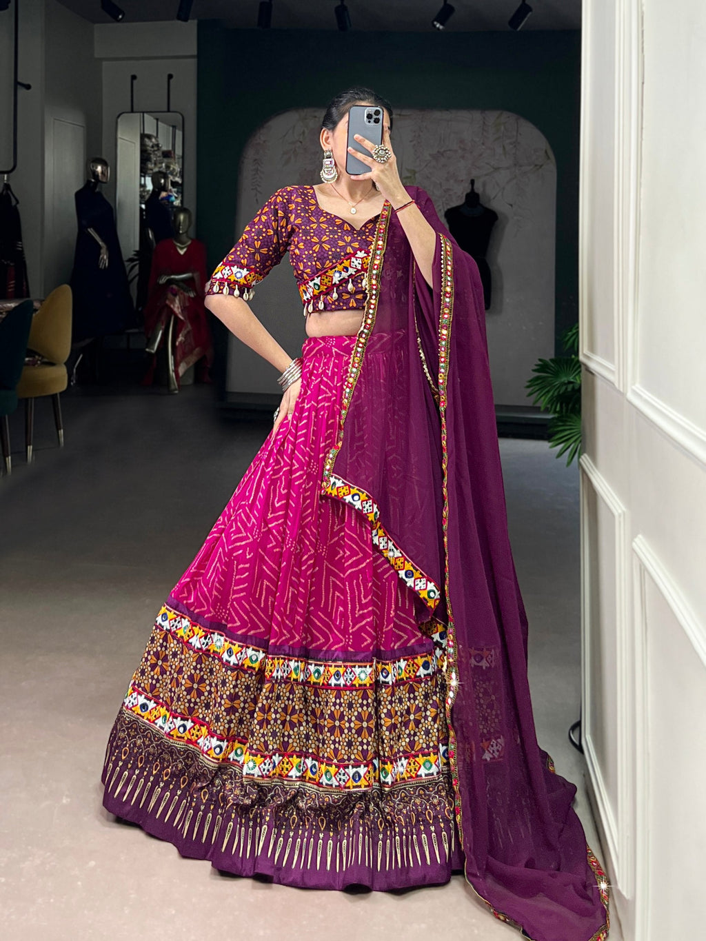 Pink Tasar silk foil print embossed lace work lehenga choli with dupatta