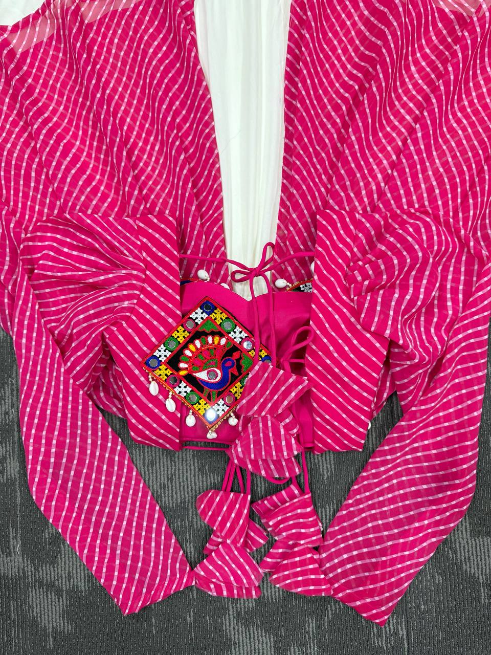 Pink georgette top with digital print and thread work butter silk Gota Patti lehenga