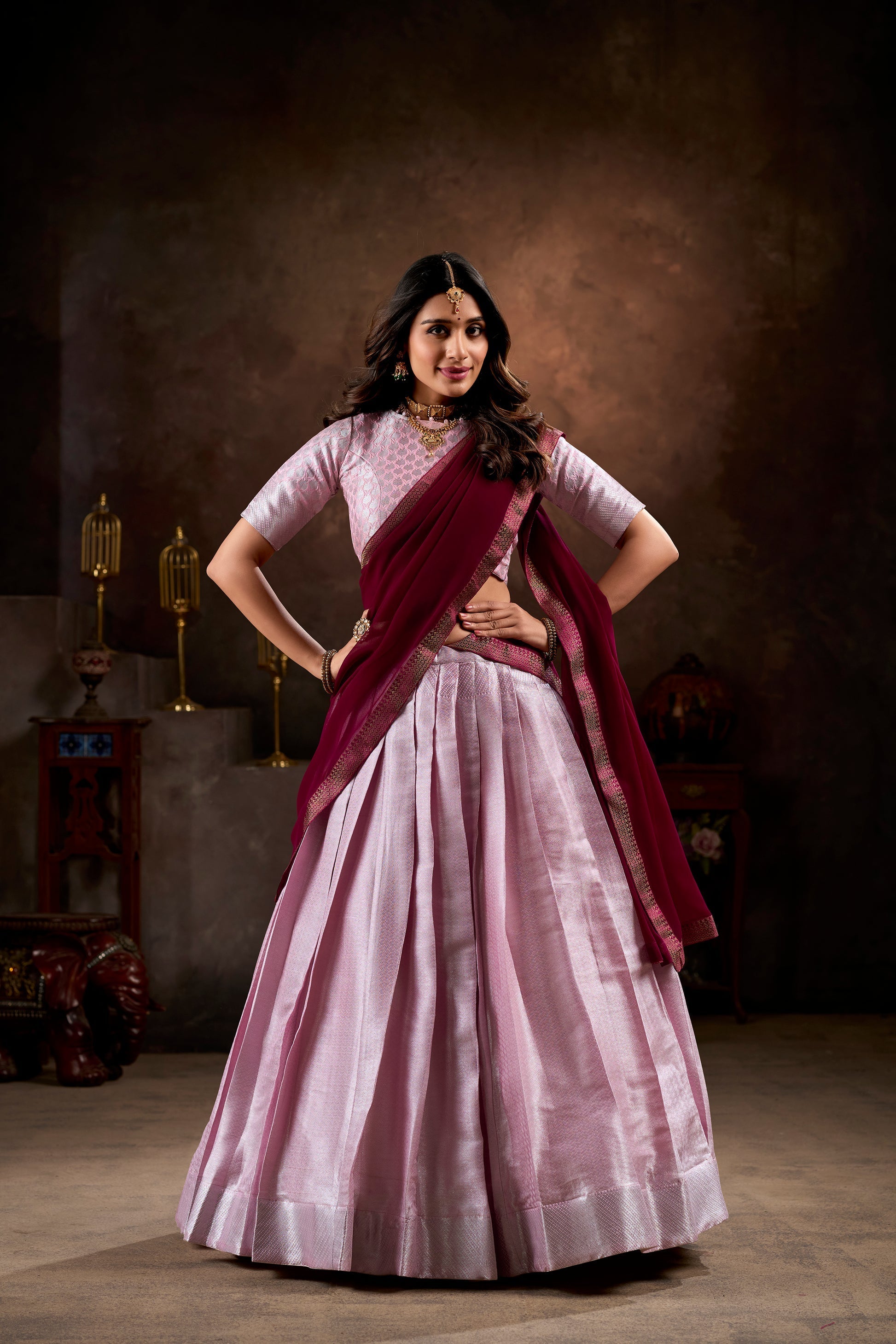 Pink jacquard silk weaving work lehenga choli with dupatta and lace border