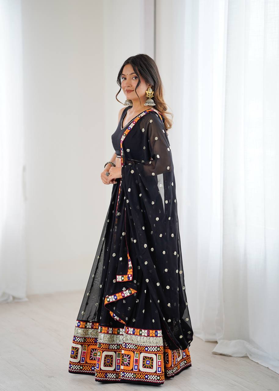 Black georgette lehenga choli with Gamthi embroidery and mirror work