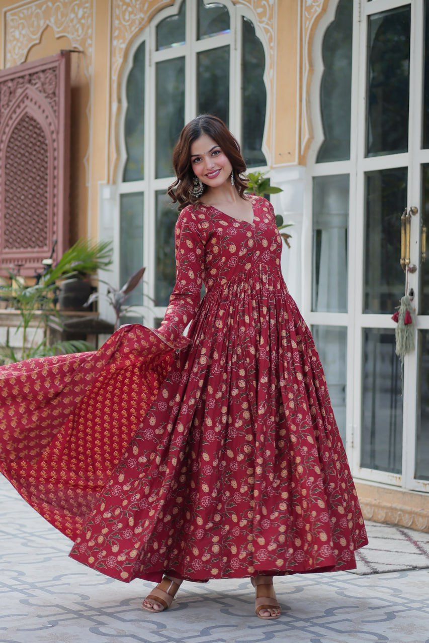 Himalini Red Pure Cotton Anarkali Suit Set