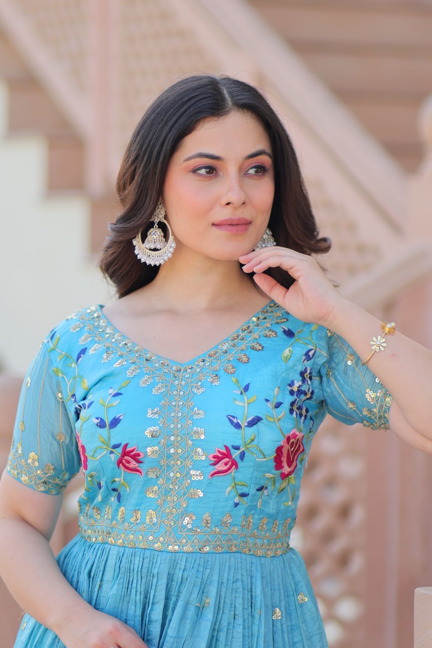 Sky blue gold crush zari sequins work embroidered gown