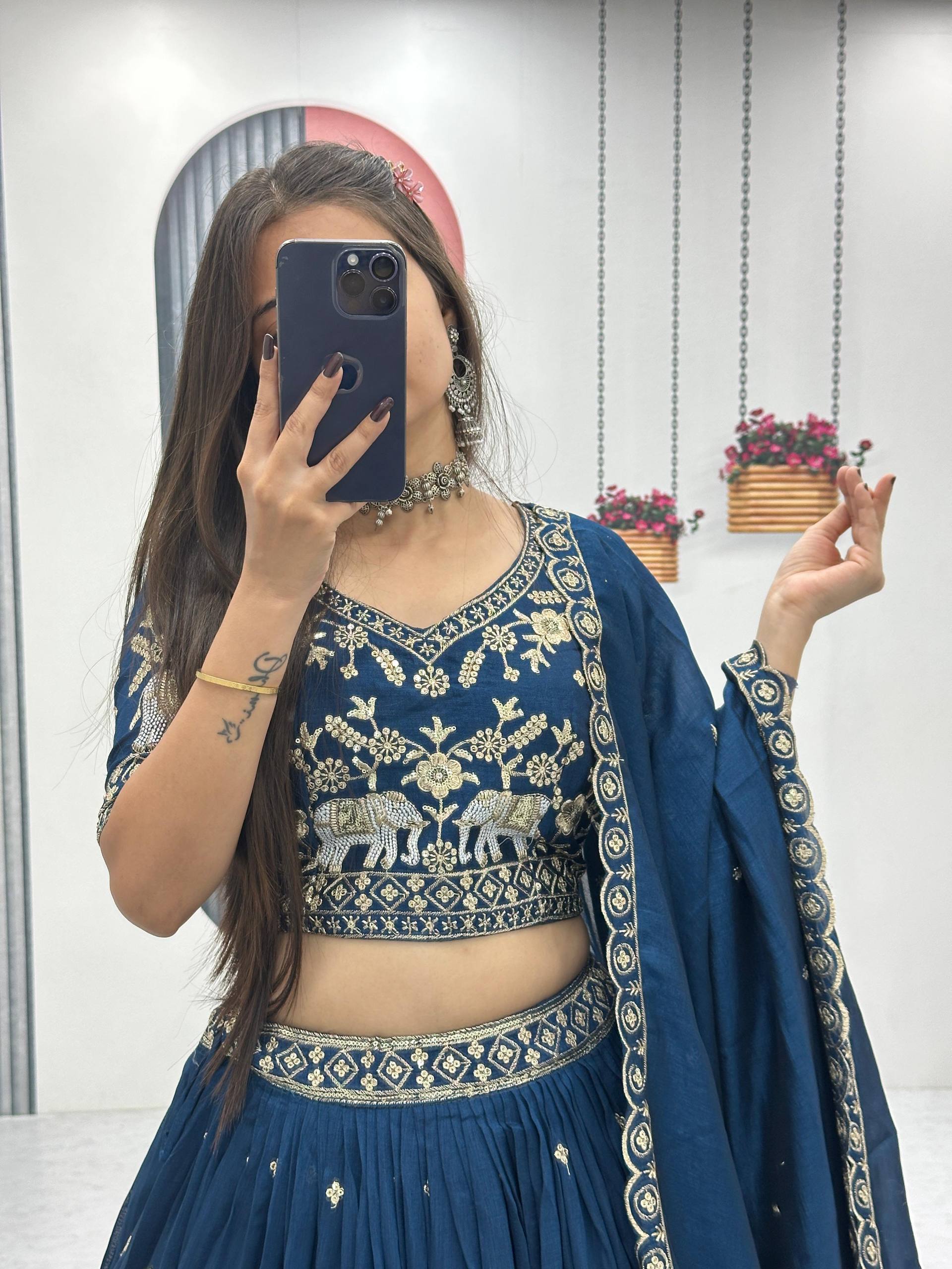 Gopi teal blue Vichitra silk lehenga choli with embroidery sequins thread work