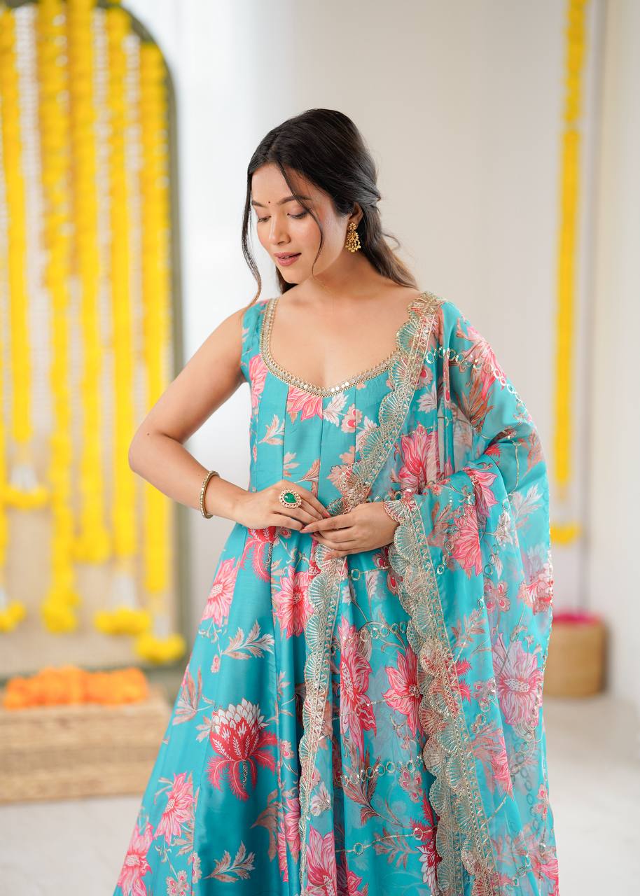 Multicolor chinon embellished kali lace work lehenga choli with dupatta