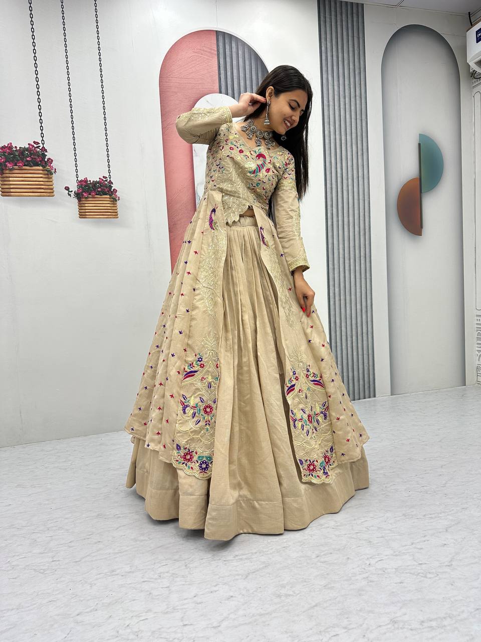 Mani beige Vichitra silk crop top peacock design lehenga with embroidered shrug